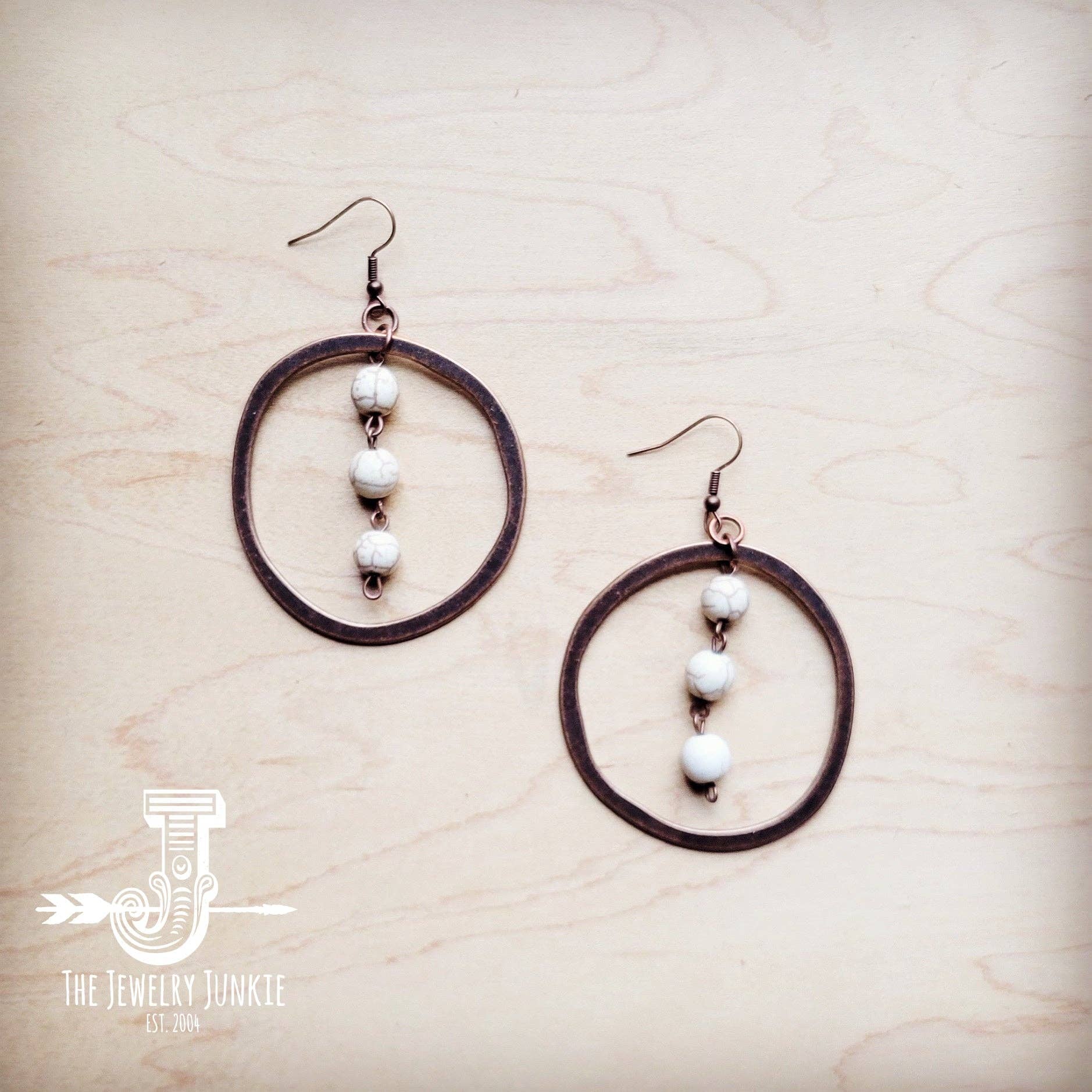 Western Copper Hoop Earrings w/ White Turquoise Beads 224g