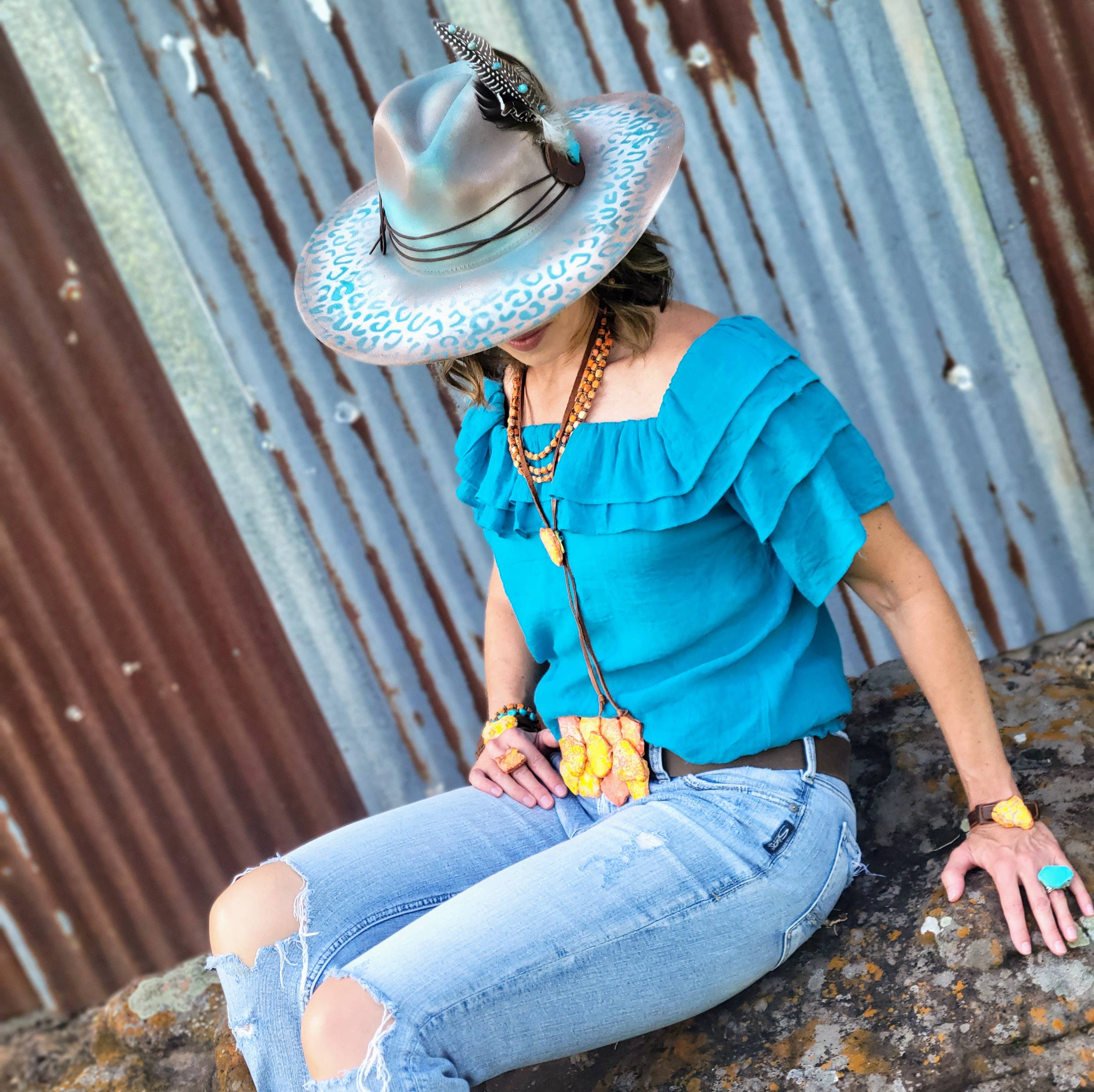 Leather Lariat Boho Necklace w/ Orange Regalite Slab Accent