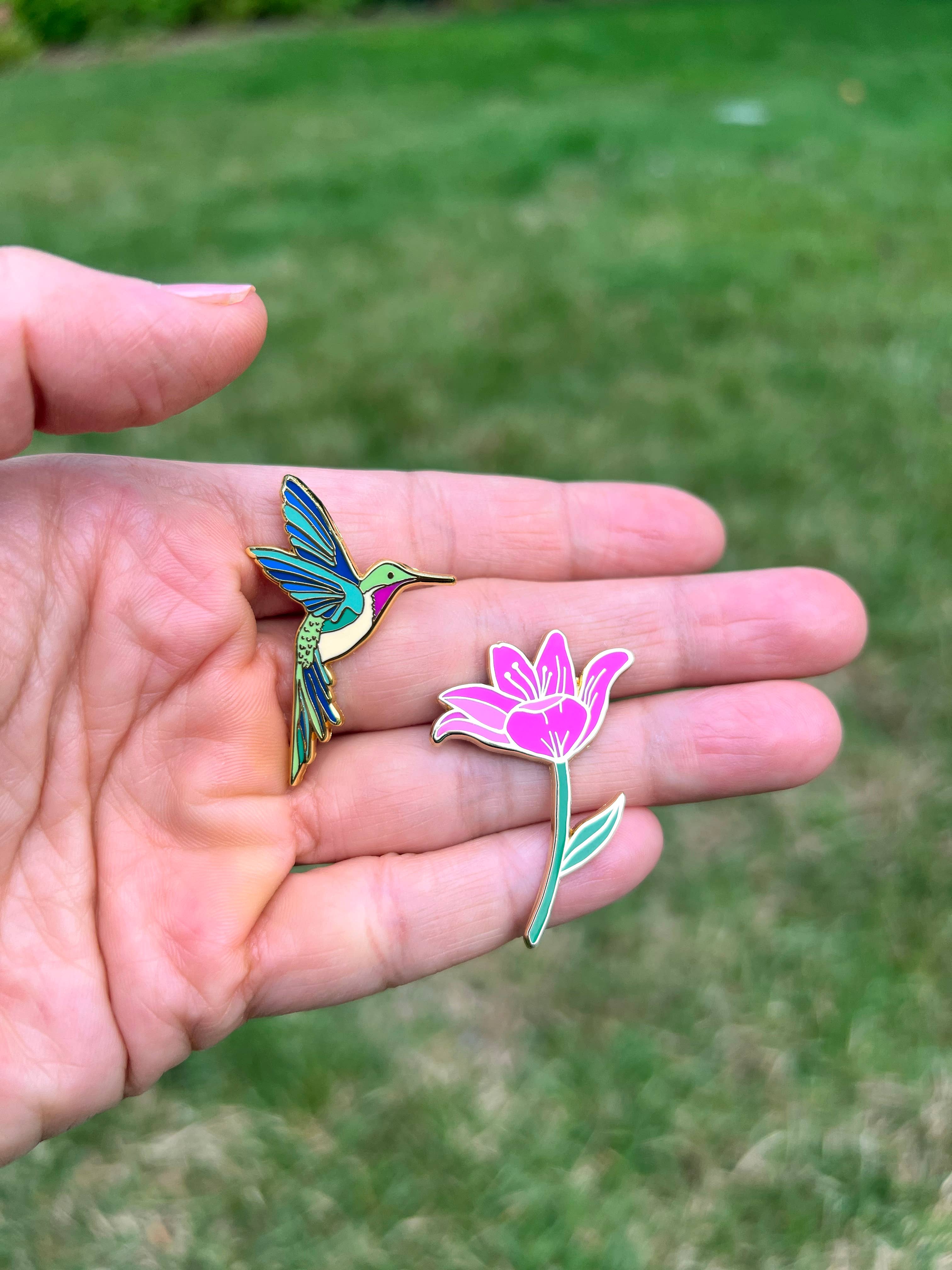 Hummingbird &amp; Pink Lily Flower Pin Set