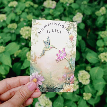 Hummingbird &amp; Pink Lily Flower Pin Set
