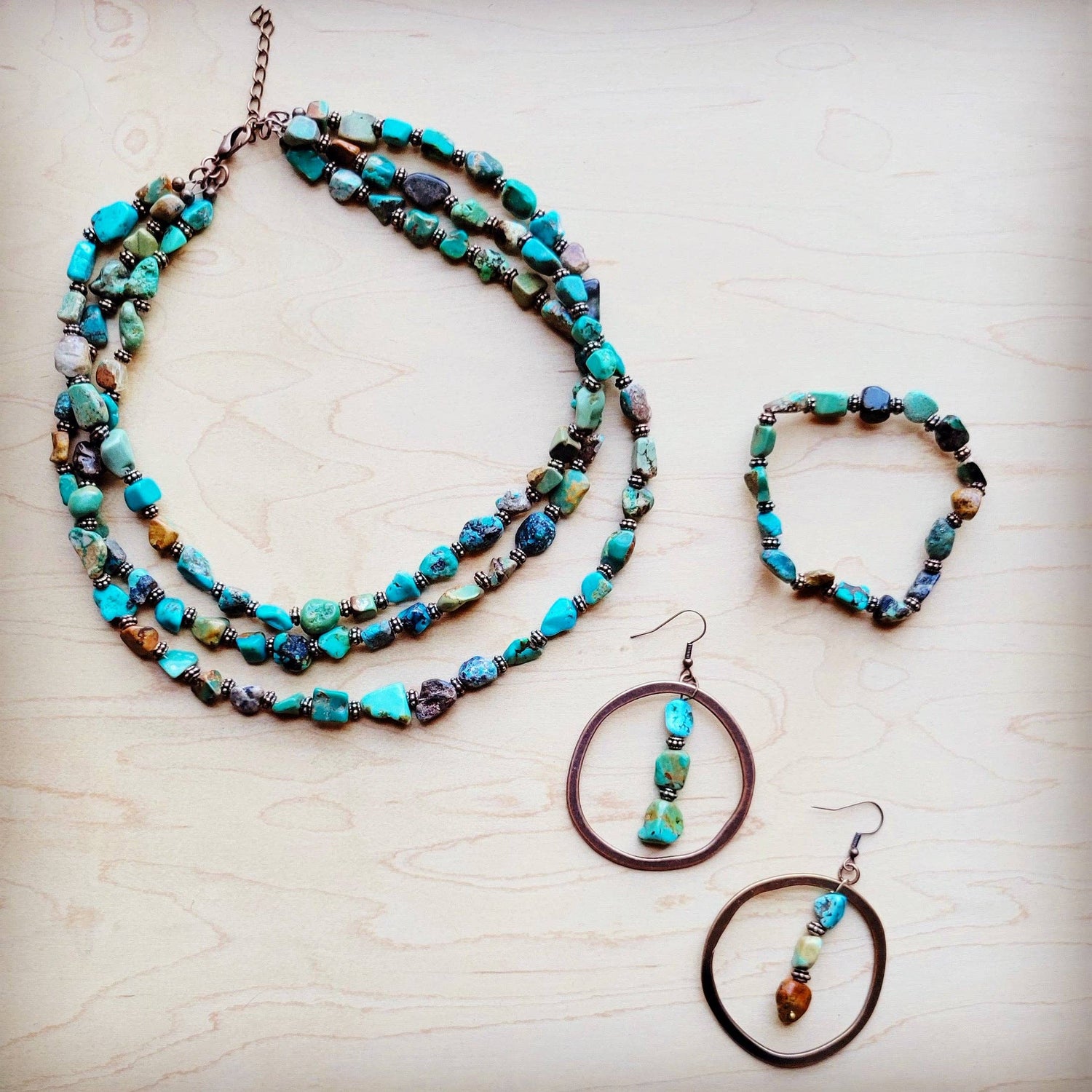 Genuine HuBei Turquoise &amp; Copper Triple Strand Necklace 259t