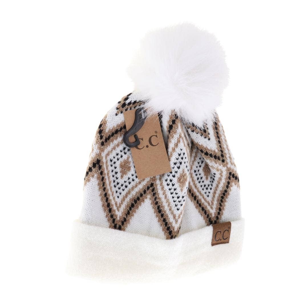 Diamond Geometric Pattern Faux Fur Pom C.C Beanie