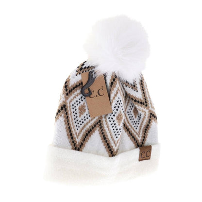 Diamond Geometric Pattern Faux Fur Pom C.C Beanie