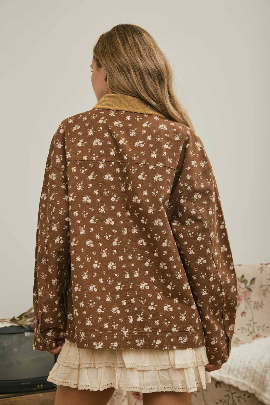 Sadie Floral Corduroy Collar Denim Jacket