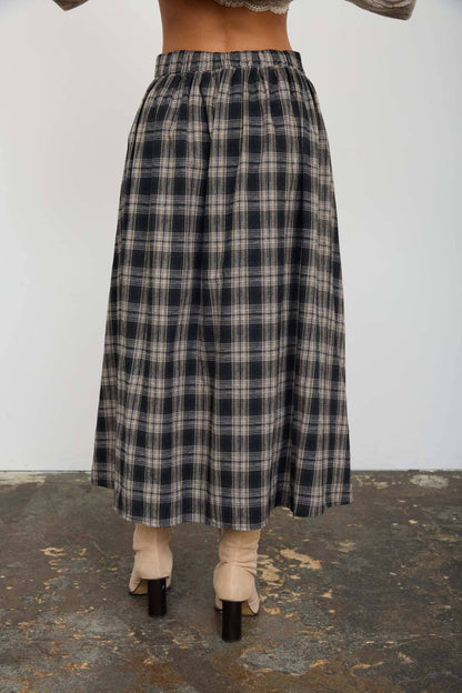Olive Plaid Pleated Midi Skirt