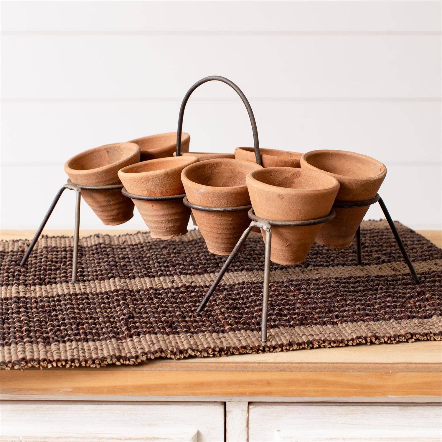 Rustic Stand With Mini Off-Kilter Terracotta Pots