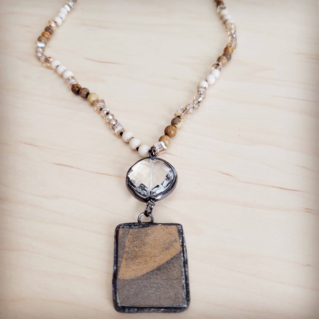 Picture Jasper &amp; Crystal Long Beaded Necklace w/ Jasper Pendant