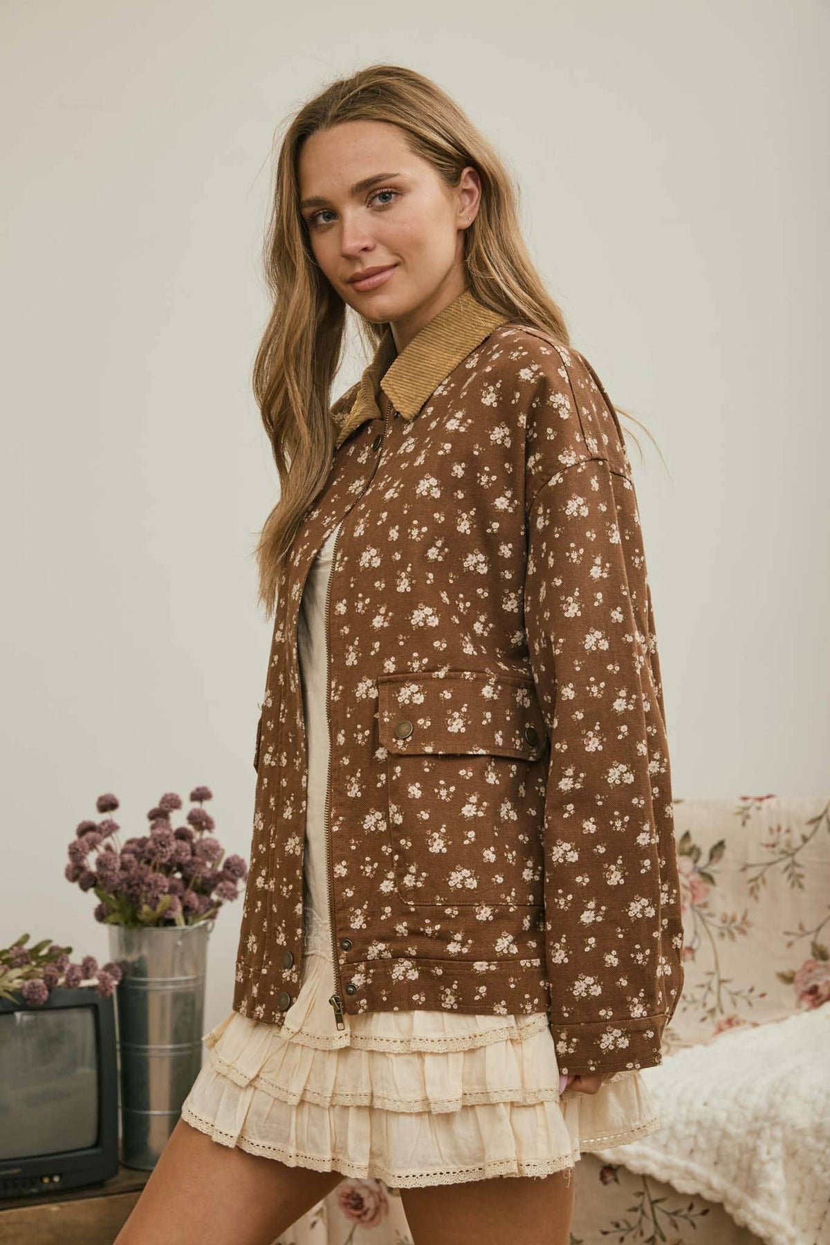 Sadie Floral Corduroy Collar Denim Jacket