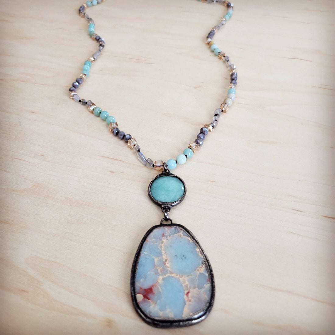 Amazonite &amp; Crystal Long Beaded Necklace w/ Large Jasper Pe