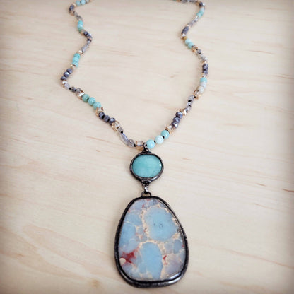 Amazonite &amp; Crystal Long Beaded Necklace w/ Large Jasper Pe