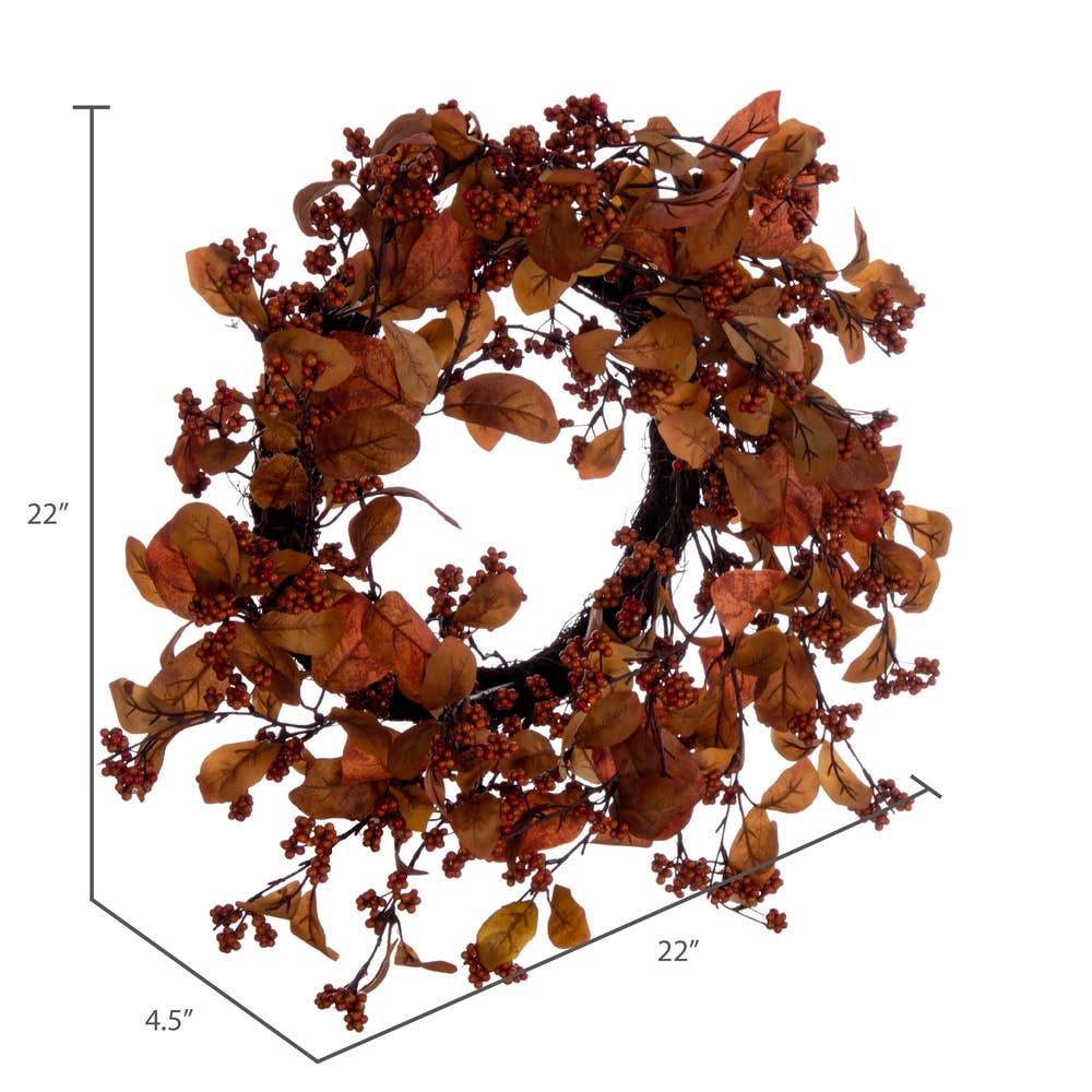 22" Orange Fall Leaves And Berry Wreath