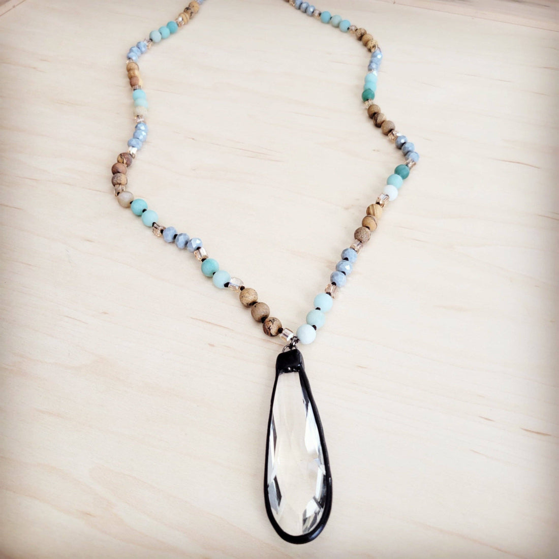 Picture Jasper &amp; Amazonite Long Beaded Necklace w/ Crystal Pendant