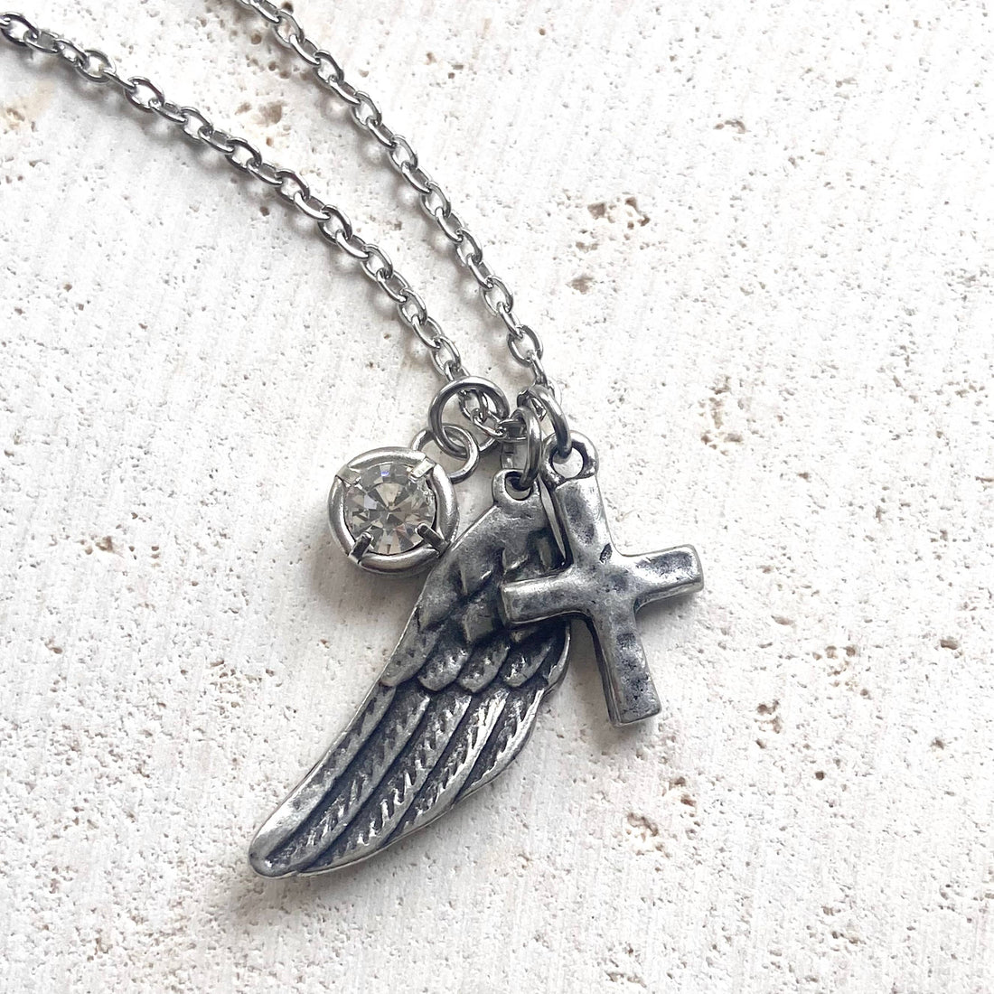 Angel wing cross crystal cluster necklace handmade jewelry 