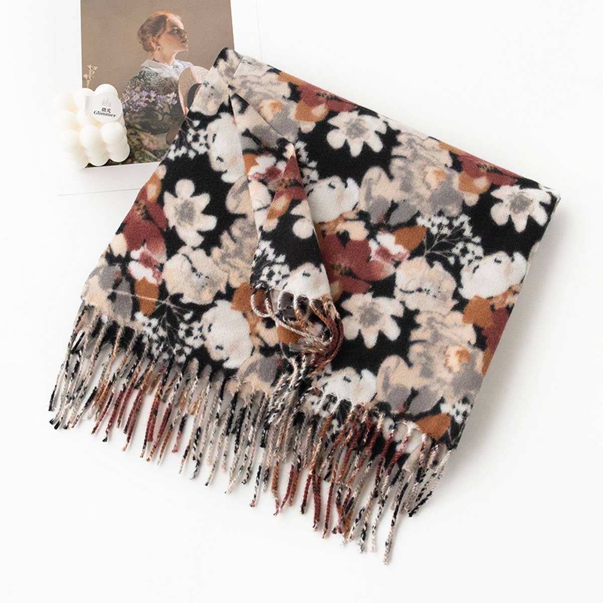 Floral Faux Cashmere Scarf——Soft Warm Tassel Shawl