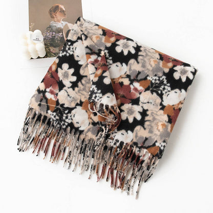 Floral Faux Cashmere Scarf——Soft Warm Tassel Shawl