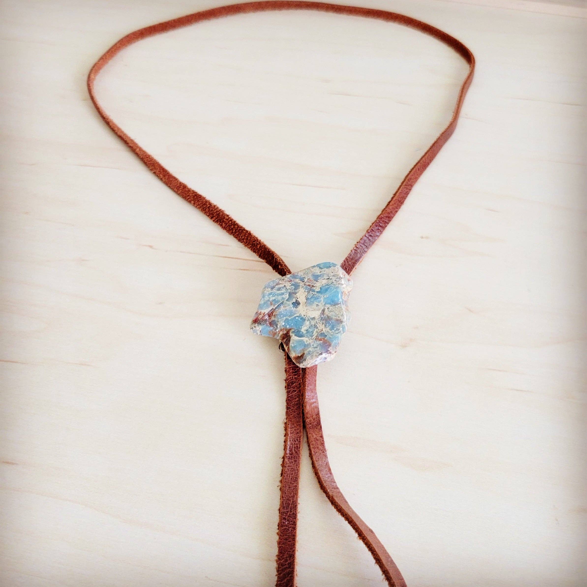 Leather Lariat Boho Necklace w/ Aqua Terra Slab Accent