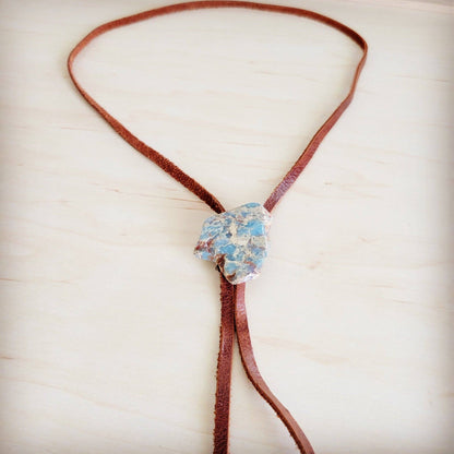 Leather Lariat Boho Necklace w/ Aqua Terra Slab Accent