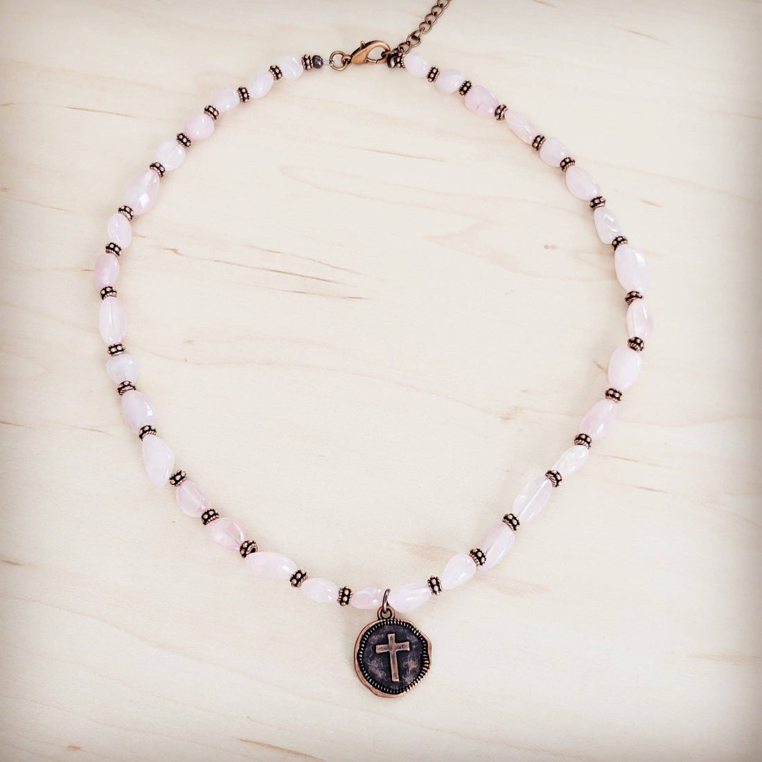 Rose Quartz Collar Necklace w/ Copper Cross Round Charm