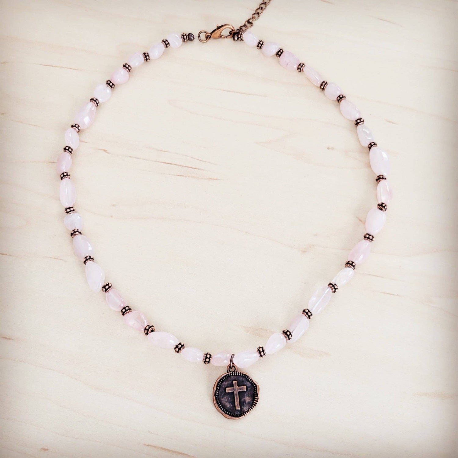 Rose Quartz Collar Necklace w/ Copper Cross Round Charm