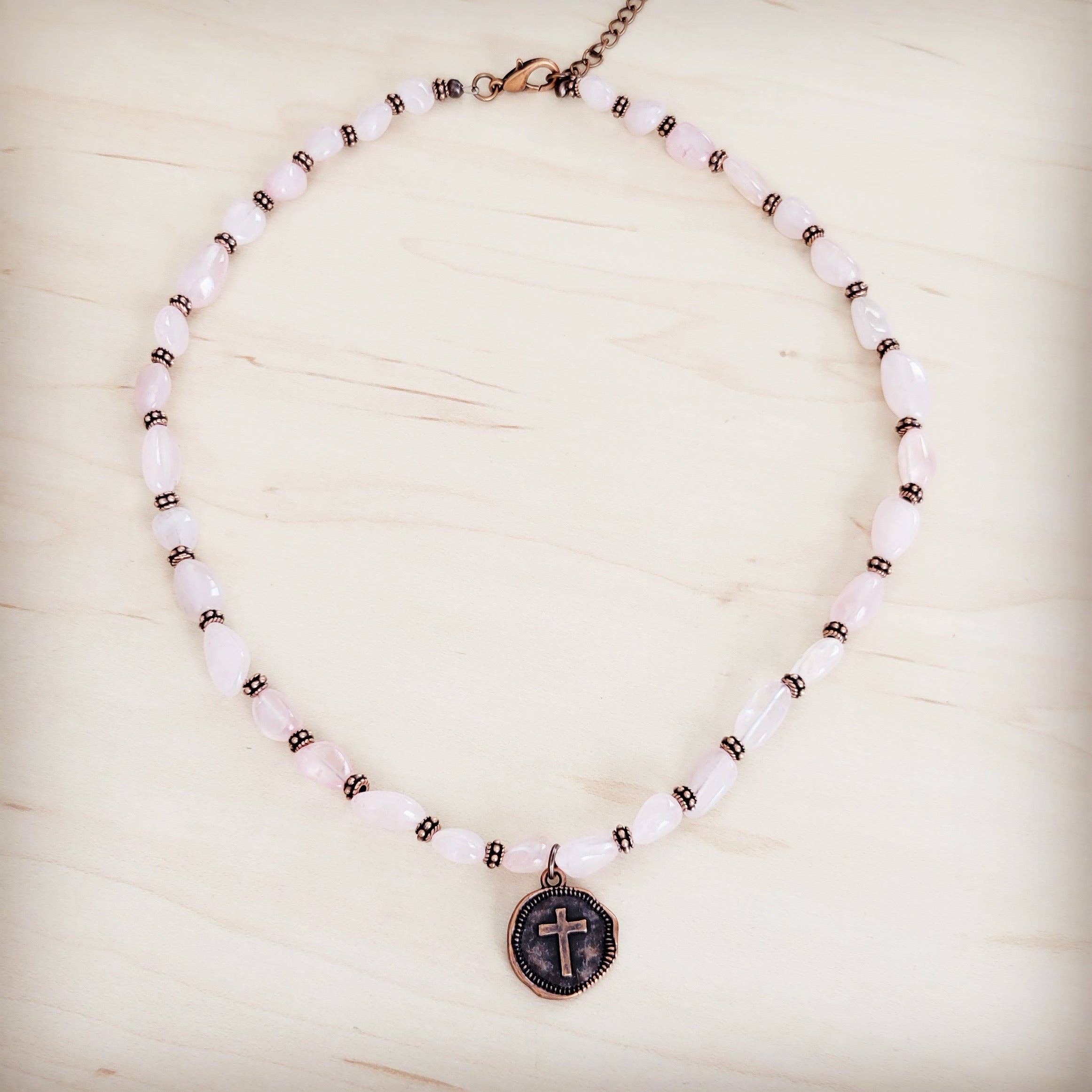 Rose Quartz Collar Necklace w/ Copper Cross Round Charm