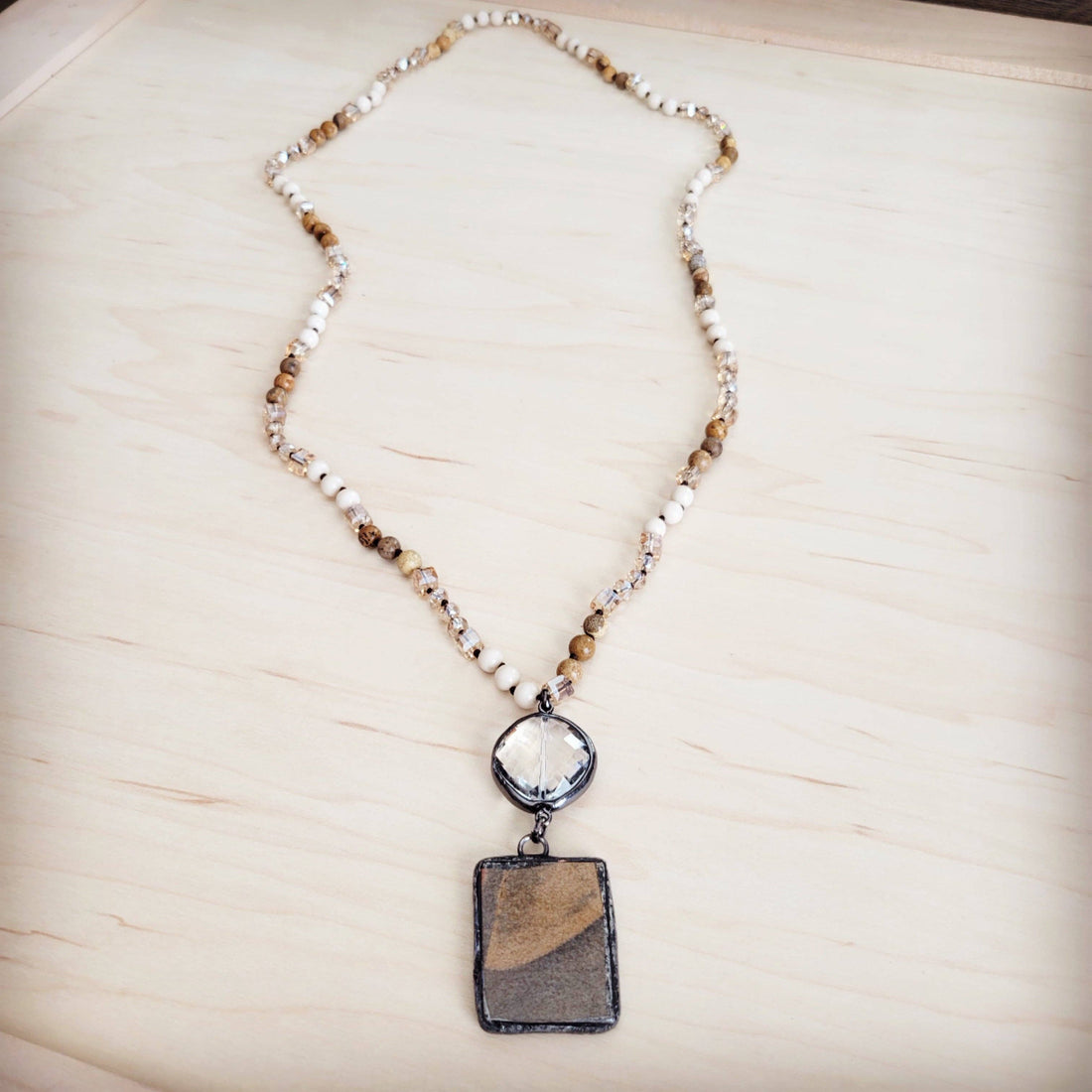 Picture Jasper &amp; Crystal Long Beaded Necklace w/ Jasper Pendant