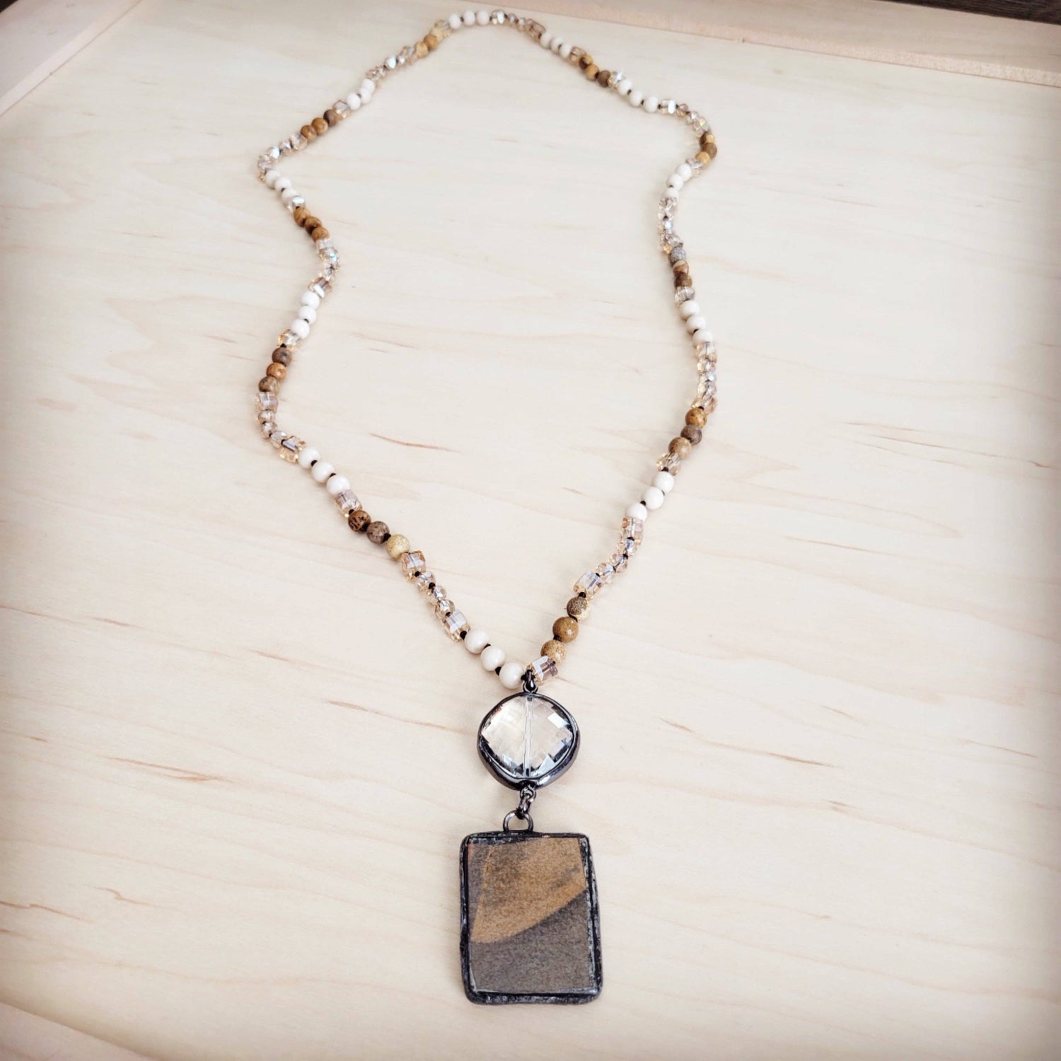 Picture Jasper &amp; Crystal Long Beaded Necklace w/ Jasper Pendant