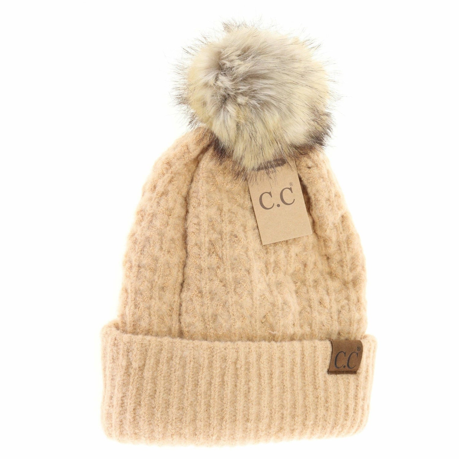 Solid Smocked Stitch Fur Pom C.C Beanie