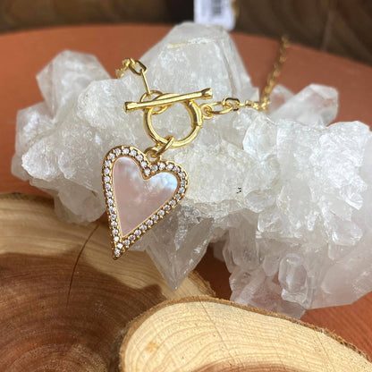 Mother Of Pearl Pave Heart Toggle Necklace