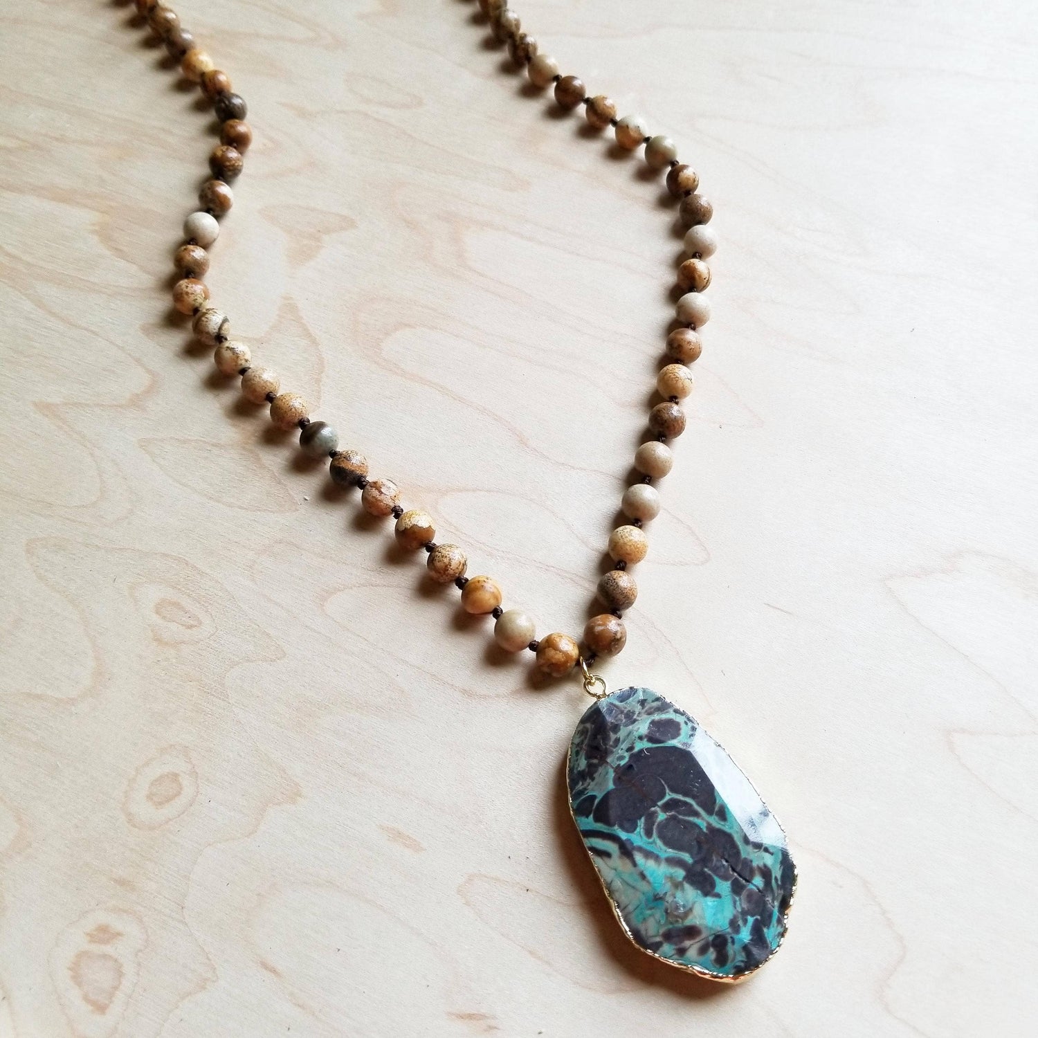 Bohemian Beaded Jasper Necklace w/ Ocean Agate Pendant 245u