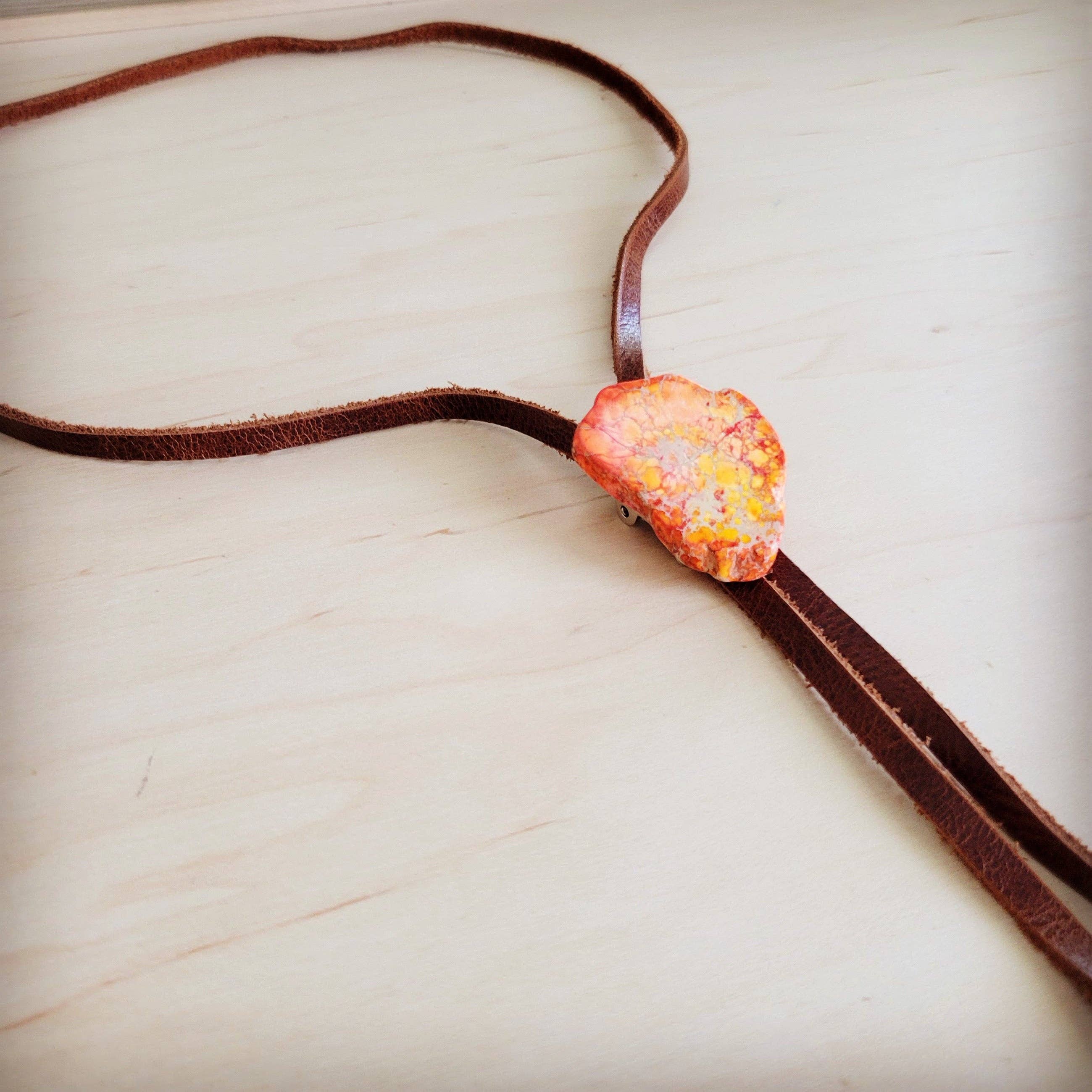 Leather Lariat Boho Necklace w/ Orange Regalite Slab Accent