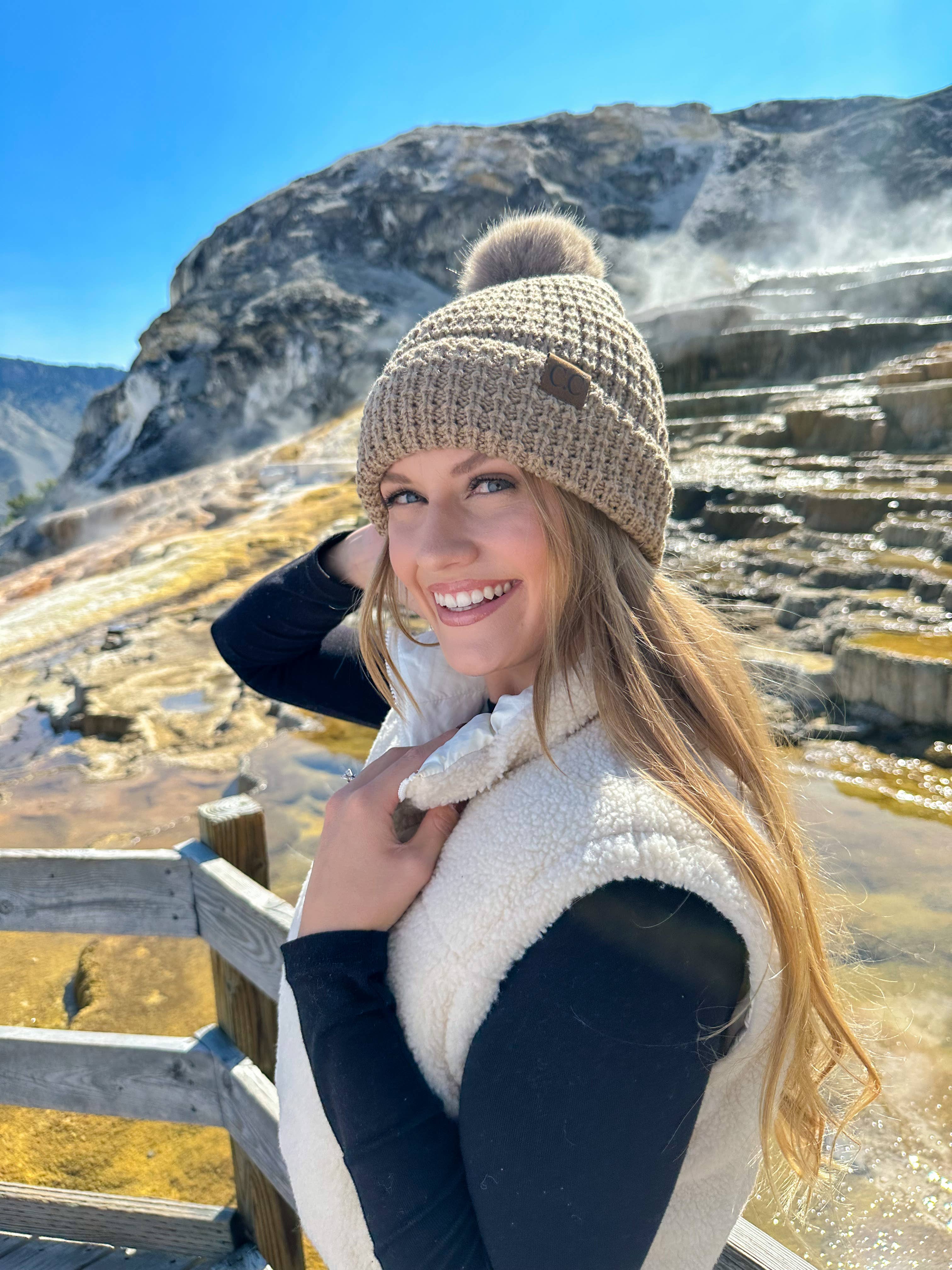 Waffle Knit Faux Fur Pom C.C Beanie