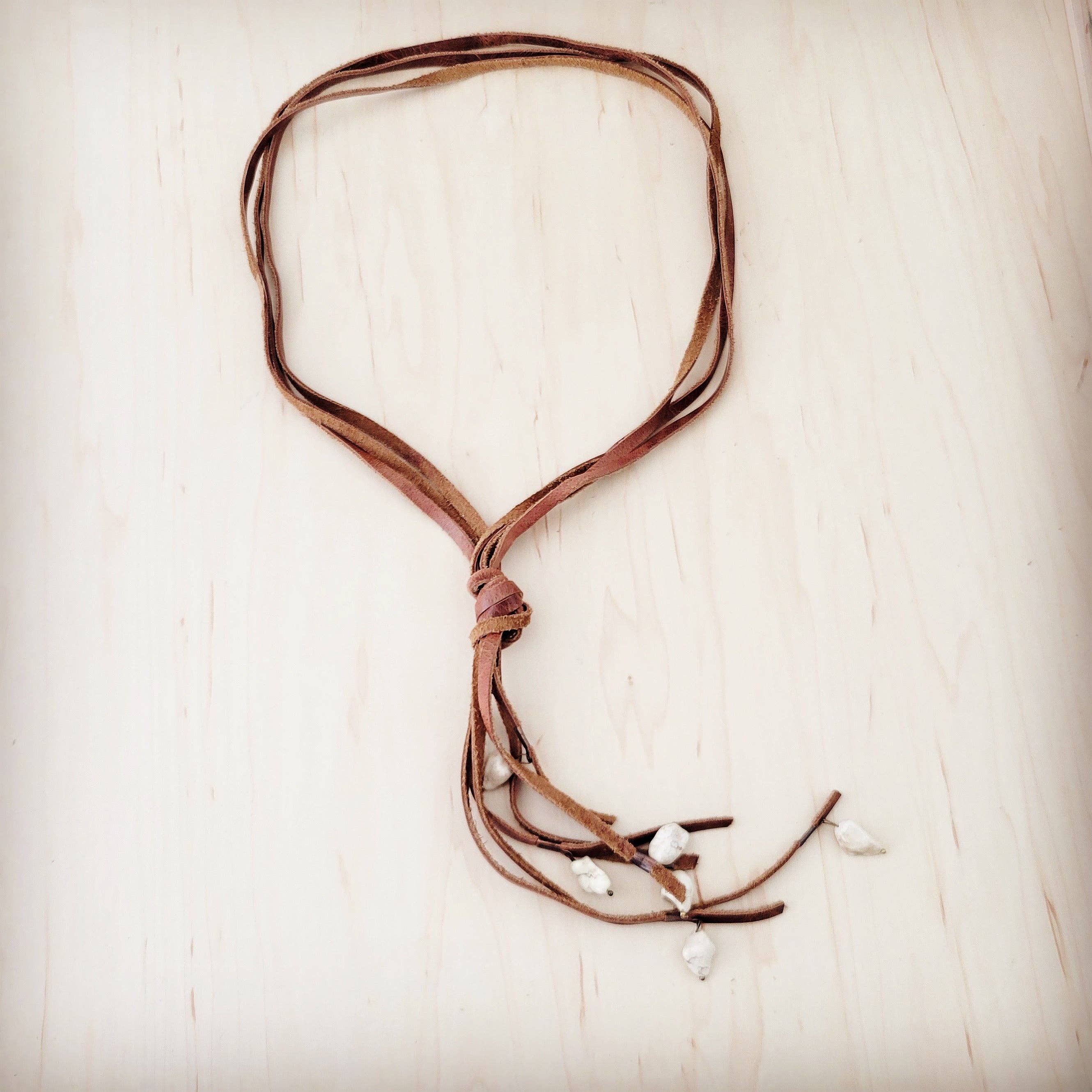 Rustic Knotted Leather Cord Necklace with White Turquoise