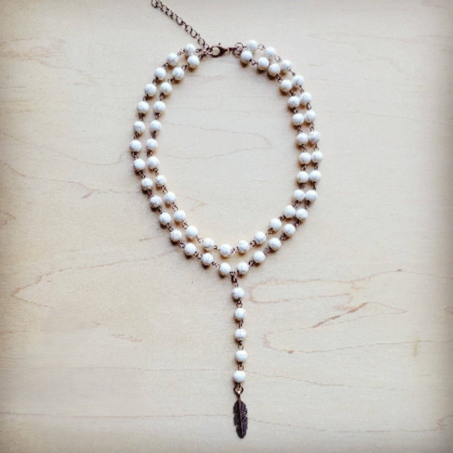 Double Strand Lariat White Turquoise Necklace w/ Copper Feather