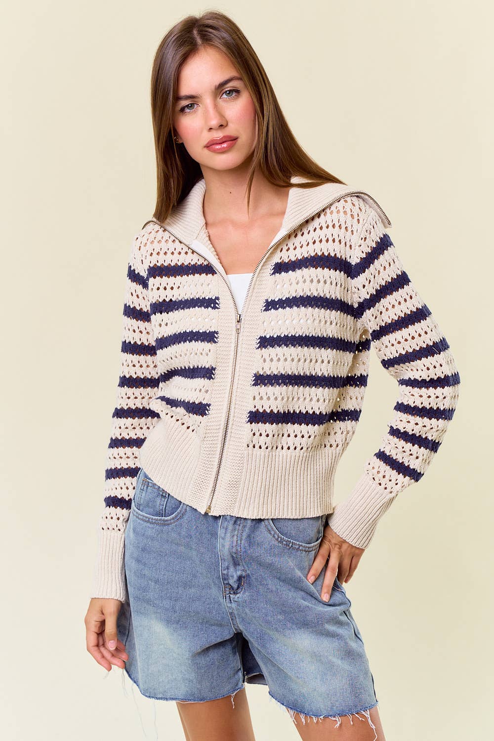 Ainsley Striped Pointelle Zip-Up