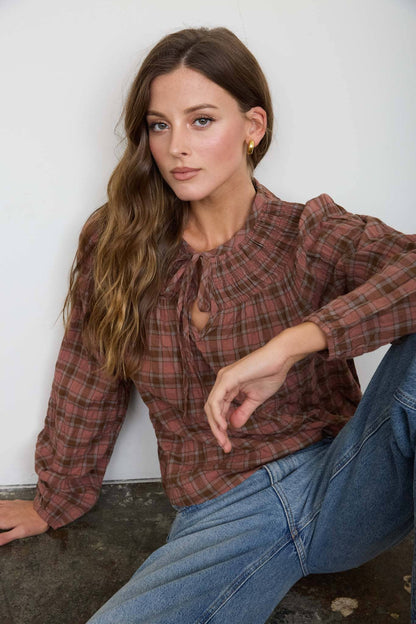 Blanche Plaid Front Tie Long Sleeve Top