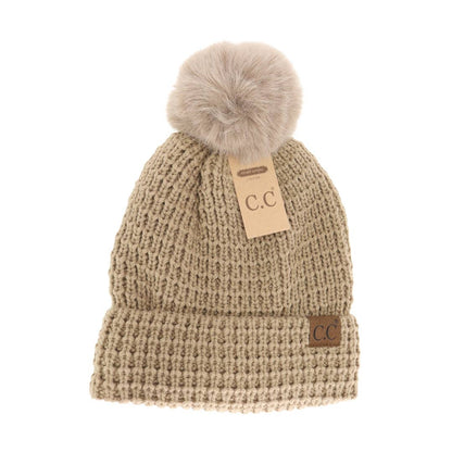 Waffle Knit Faux Fur Pom C.C Beanie