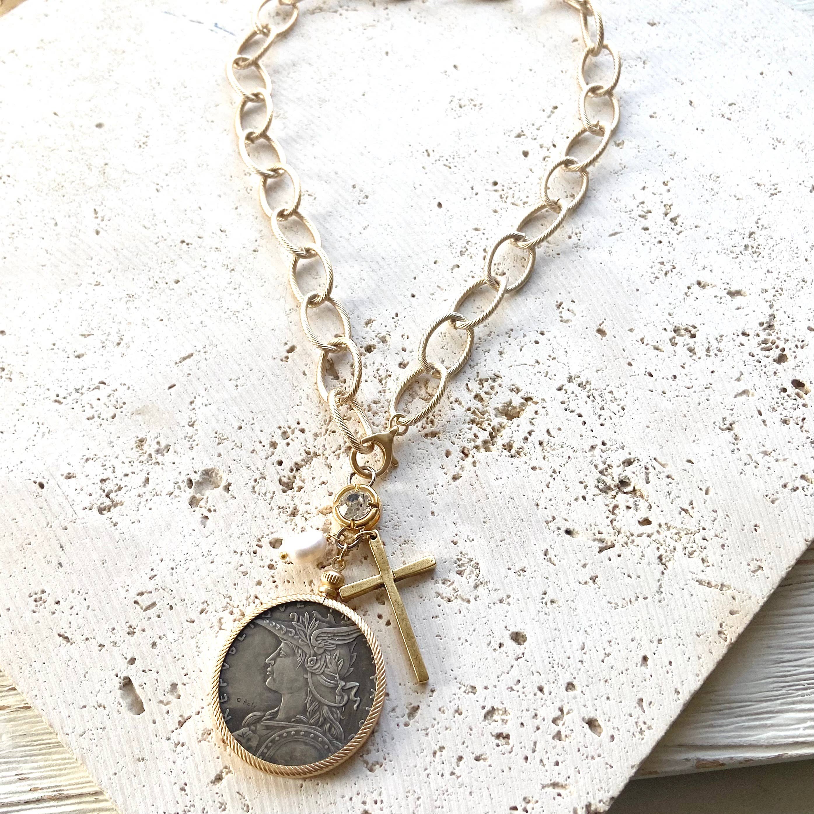 Chunky coin necklace cross matte gold jewelry