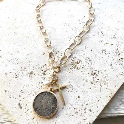 Chunky coin necklace cross matte gold jewelry