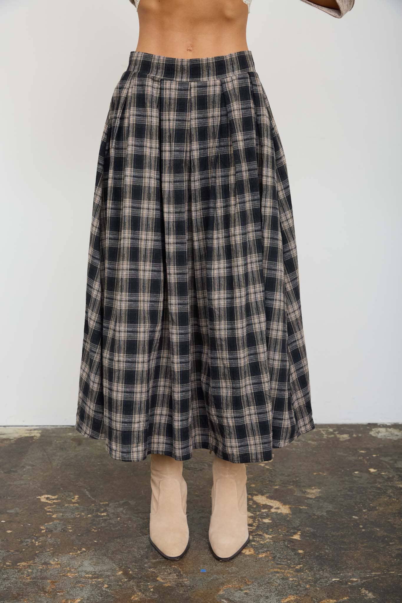 Olive Plaid Pleated Midi Skirt