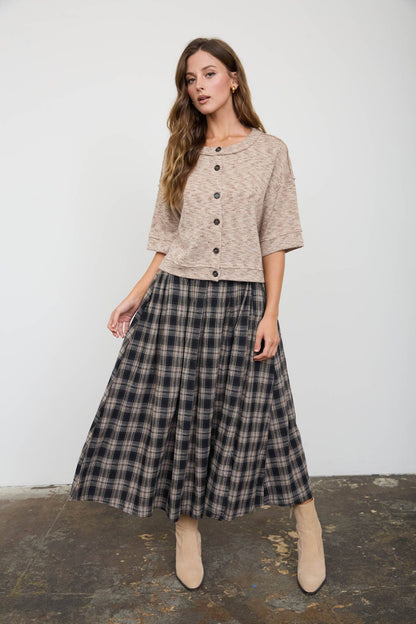 Olive Plaid Pleated Midi Skirt