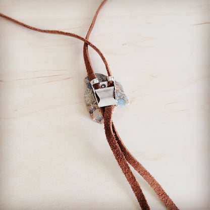 Leather Lariat Boho Necklace w/ Aqua Terra Slab Accent