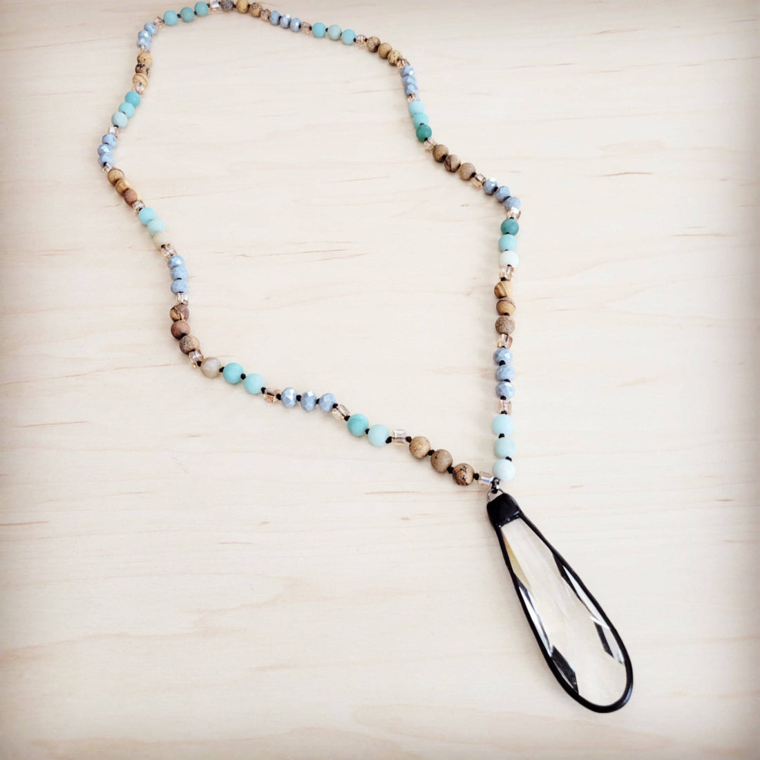Picture Jasper &amp; Amazonite Long Beaded Necklace w/ Crystal Pendant