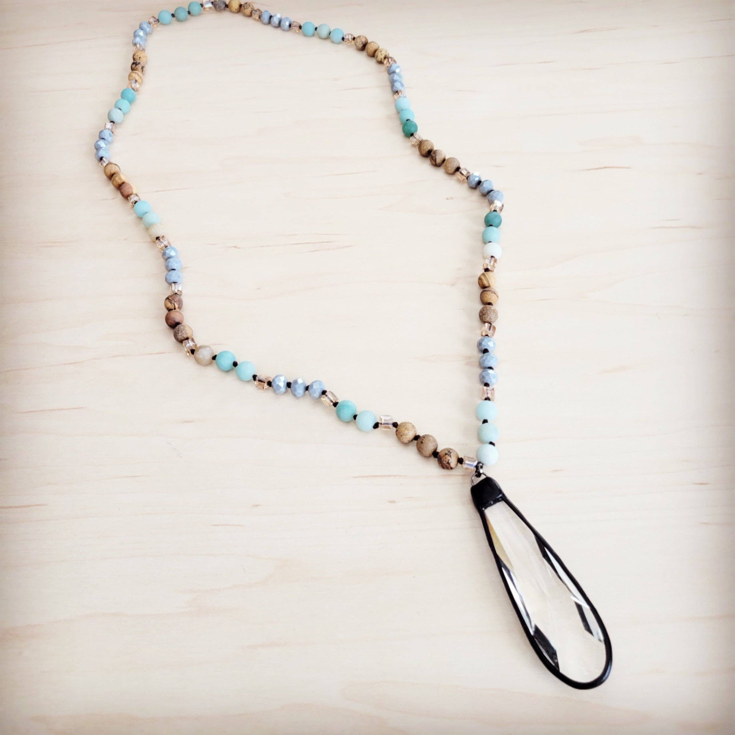 Picture Jasper &amp; Amazonite Long Beaded Necklace w/ Crystal Pendant