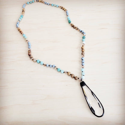 Picture Jasper &amp; Amazonite Long Beaded Necklace w/ Crystal Pendant