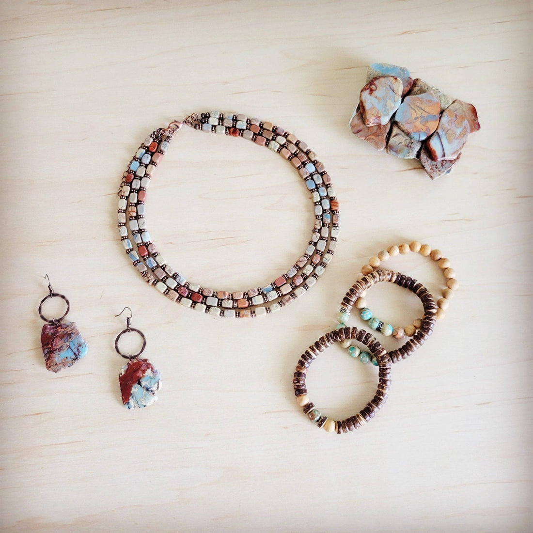 Triple Strand Layered Boho Aqua Terra &amp; Copper Necklace