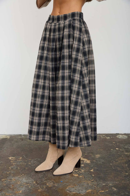 Olive Plaid Pleated Midi Skirt