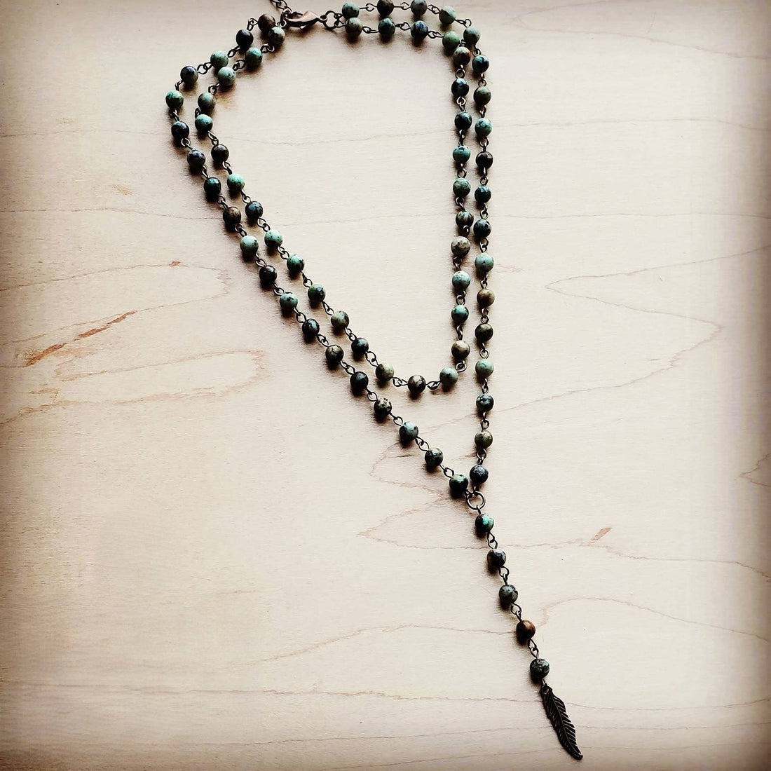 Double Strand Lariat African Turquoise Necklace w/ Copper Feather