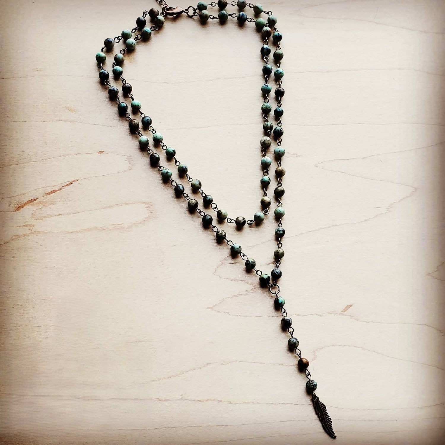 Double Strand Lariat African Turquoise Necklace w/ Copper Feather