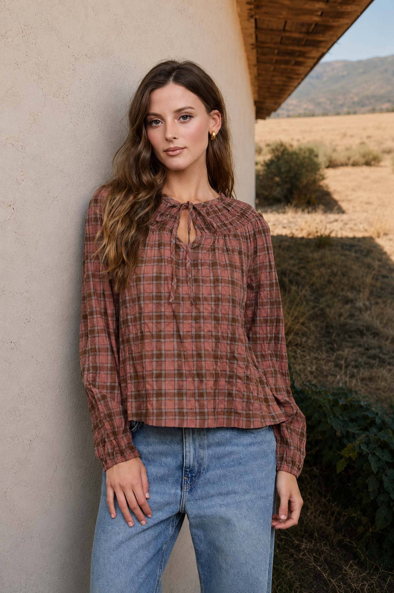 Blanche Plaid Front Tie Long Sleeve Top