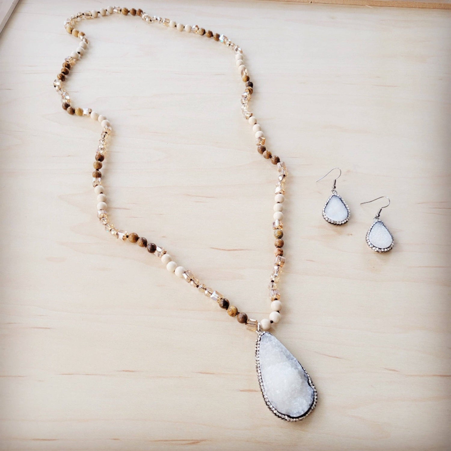 Picture Jasper Beaded Necklace w/ Druzy Pendant